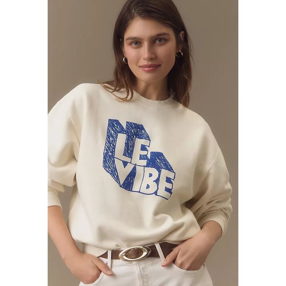 Clare V. Le Vibe Graphic Crewneck Sweatshirt Ivory Cream 100% Cotton Size XS